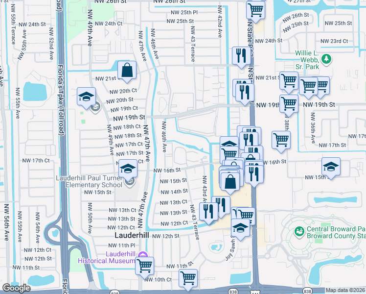 map of restaurants, bars, coffee shops, grocery stores, and more near 4411 Northwest 16th Street in Lauderhill