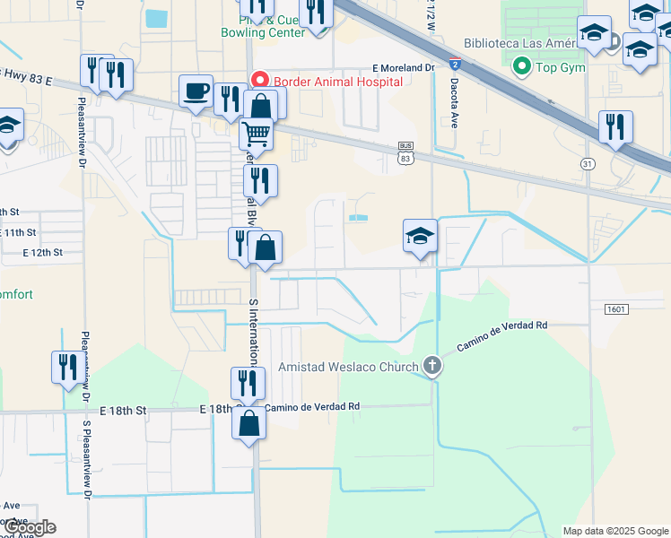 map of restaurants, bars, coffee shops, grocery stores, and more near 3616 Bella Costa Drive in Weslaco