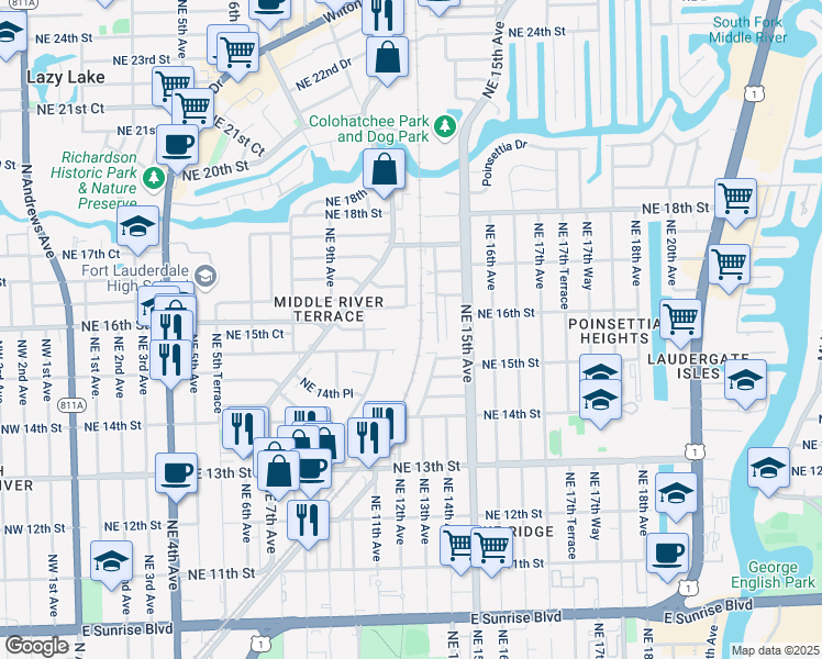 map of restaurants, bars, coffee shops, grocery stores, and more near 1600 Northeast 12th Terrace in Fort Lauderdale