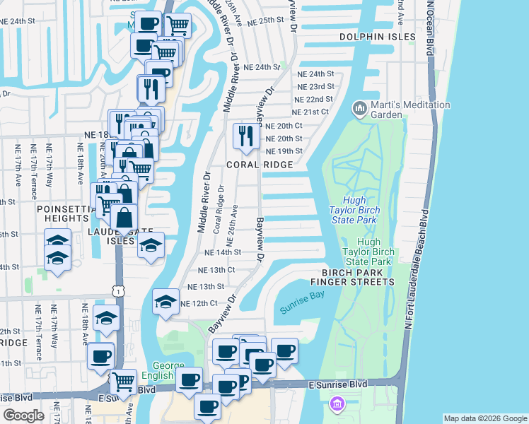map of restaurants, bars, coffee shops, grocery stores, and more near 1611 Bayview Drive in Fort Lauderdale