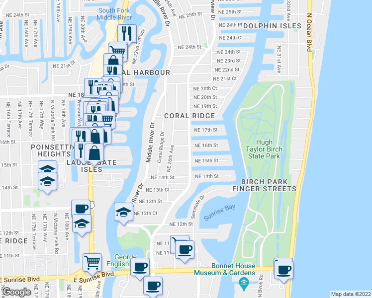 map of restaurants, bars, coffee shops, grocery stores, and more near 1611 Bayview Drive in Fort Lauderdale