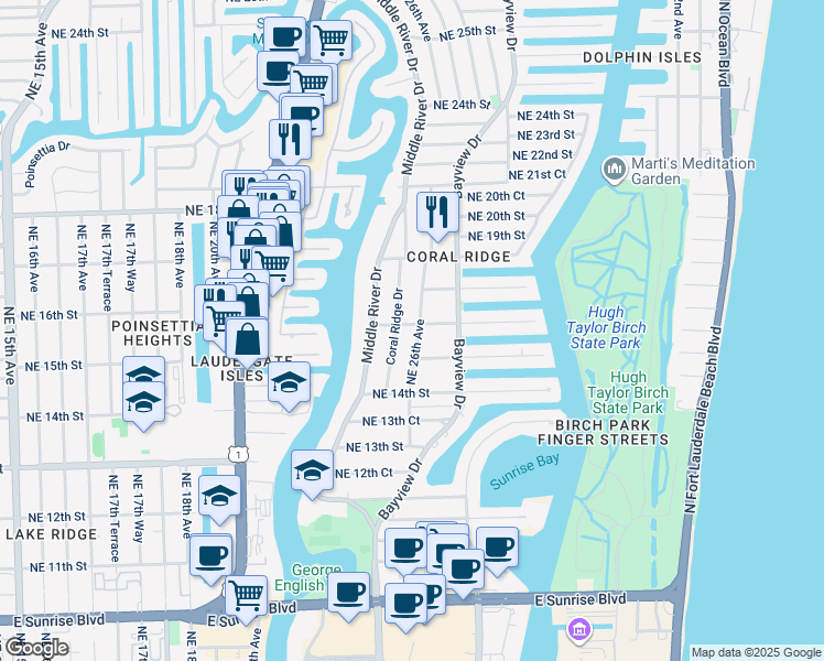 map of restaurants, bars, coffee shops, grocery stores, and more near 1609 Northeast 26th Avenue in Fort Lauderdale