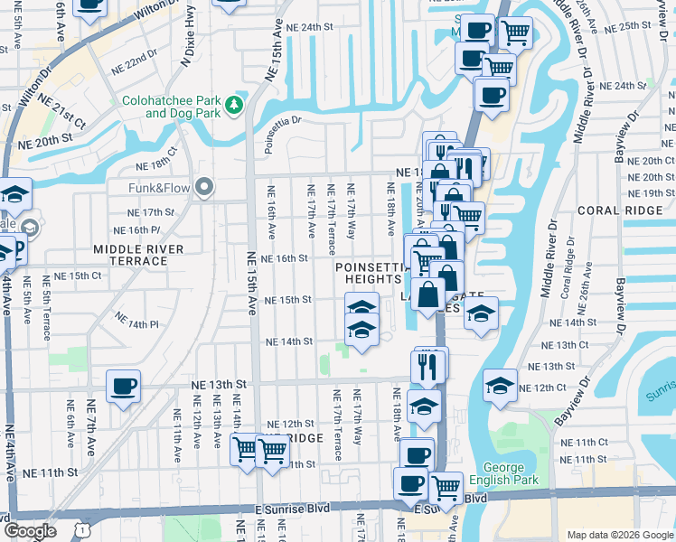 map of restaurants, bars, coffee shops, grocery stores, and more near 1601 Northeast 17th Terrace in Fort Lauderdale