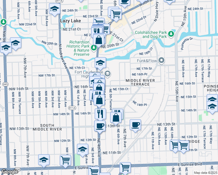 map of restaurants, bars, coffee shops, grocery stores, and more near 524 Northeast 16th Court in Fort Lauderdale