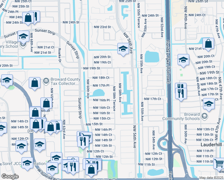map of restaurants, bars, coffee shops, grocery stores, and more near 5631 Northwest 17th Place in Lauderhill