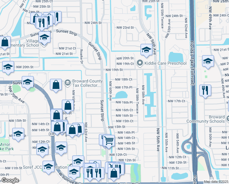 map of restaurants, bars, coffee shops, grocery stores, and more near 5971 Northwest 17th Place in Sunrise