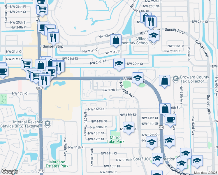 map of restaurants, bars, coffee shops, grocery stores, and more near 1713 Northwest 72nd Avenue in Plantation