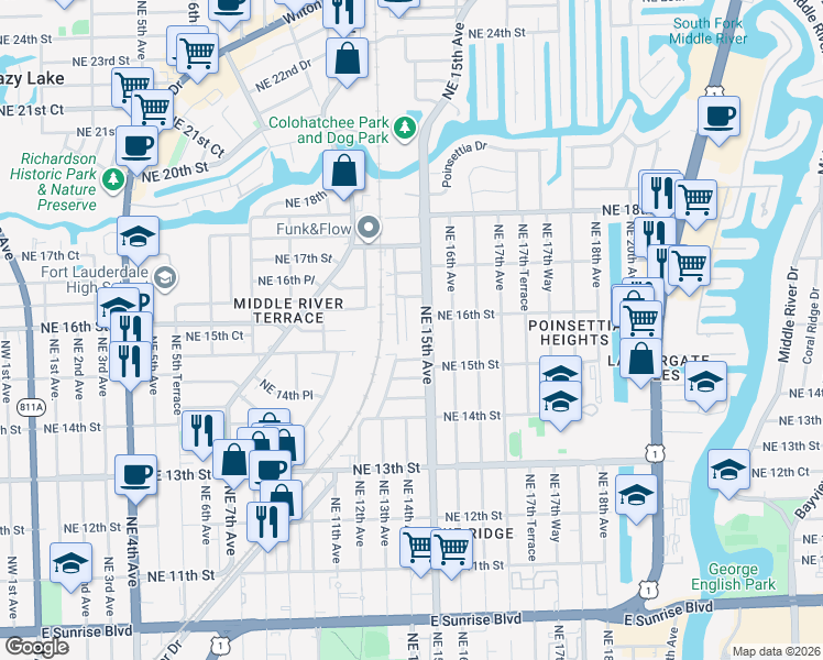 map of restaurants, bars, coffee shops, grocery stores, and more near 1532 Northeast 14th Terrace in Fort Lauderdale