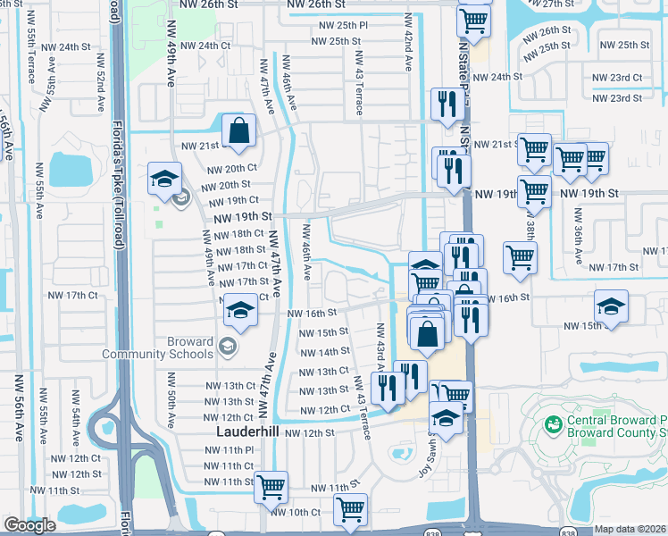 map of restaurants, bars, coffee shops, grocery stores, and more near 4411 Northwest 16th Street in Lauderhill