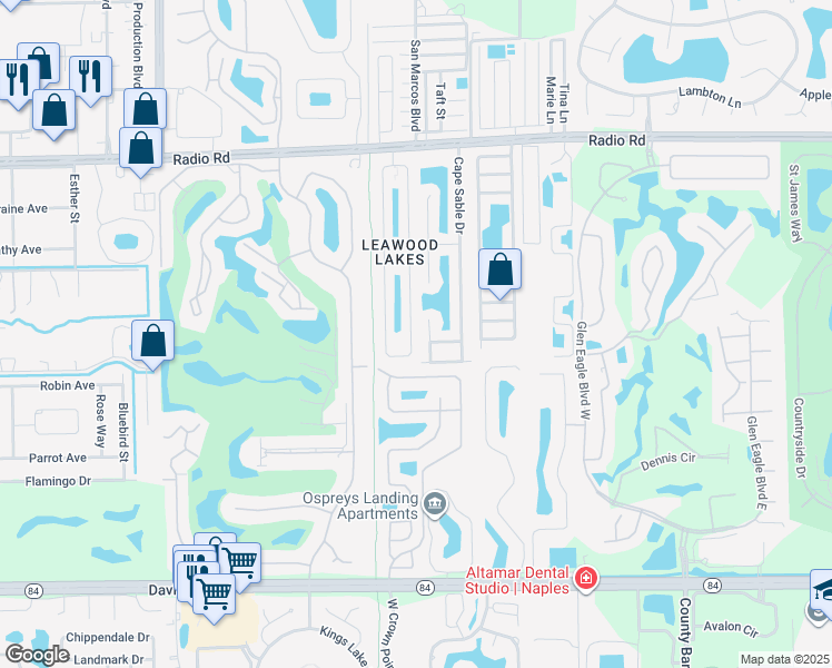map of restaurants, bars, coffee shops, grocery stores, and more near 373 Leawood Circle in Naples