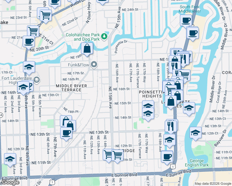 map of restaurants, bars, coffee shops, grocery stores, and more near 1515 Northeast 16th Street in Fort Lauderdale