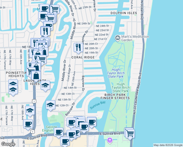 map of restaurants, bars, coffee shops, grocery stores, and more near 2725 Northeast 16th Street in Fort Lauderdale