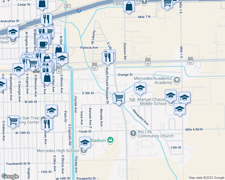 map of restaurants, bars, coffee shops, grocery stores, and more near 5 Rio Rico Road in Mercedes