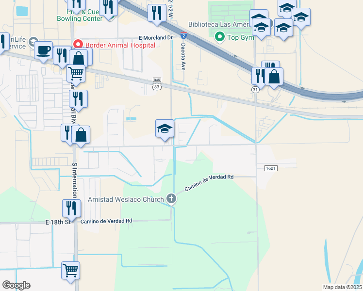 map of restaurants, bars, coffee shops, grocery stores, and more near 47 Ebony Lane in Mercedes