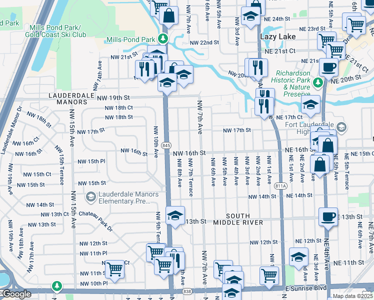 map of restaurants, bars, coffee shops, grocery stores, and more near 1621 Northwest 7th Terrace in Fort Lauderdale