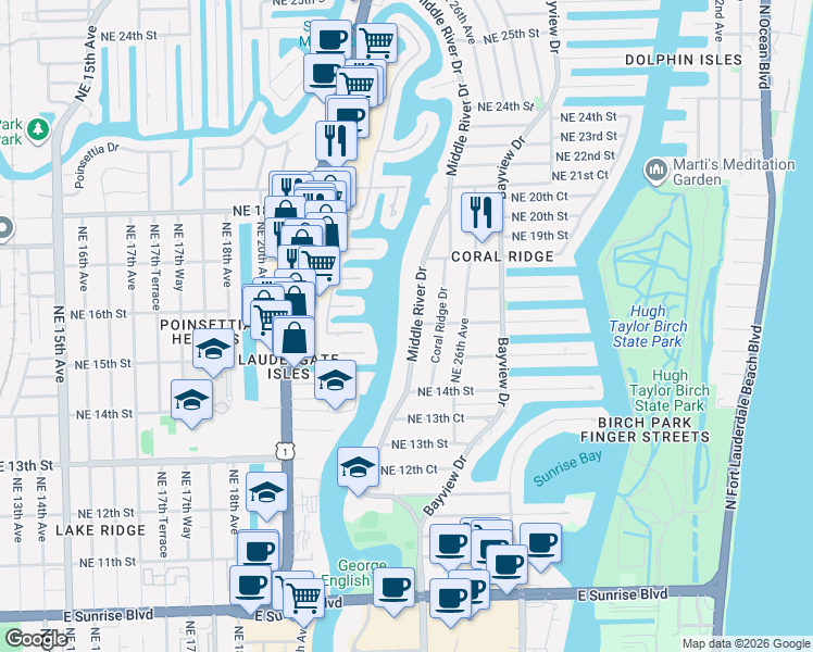 map of restaurants, bars, coffee shops, grocery stores, and more near 1609 Middle River Drive in Fort Lauderdale