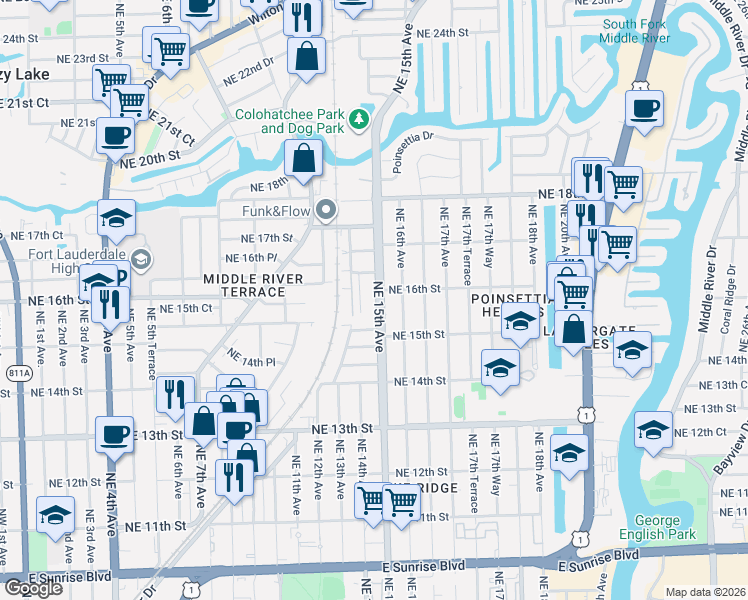 map of restaurants, bars, coffee shops, grocery stores, and more near 1600 Northeast 14th Terrace in Fort Lauderdale