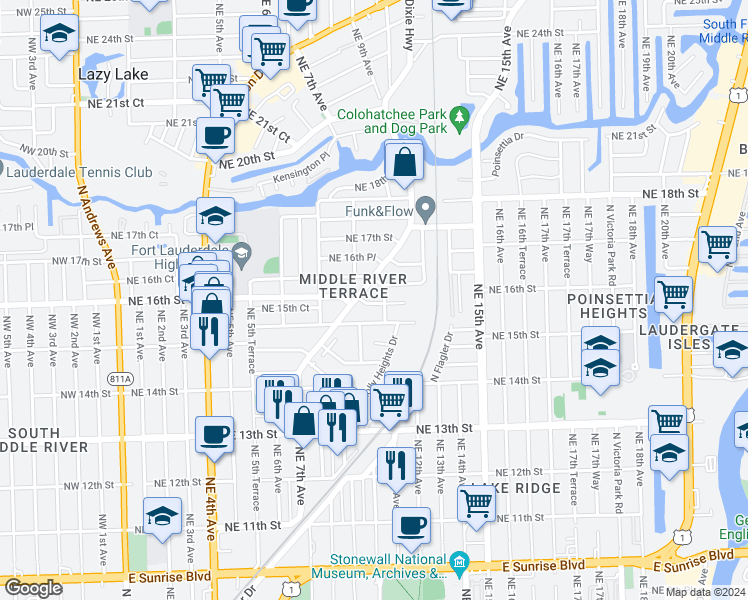 map of restaurants, bars, coffee shops, grocery stores, and more near 1610 Northeast 11th Avenue in Fort Lauderdale