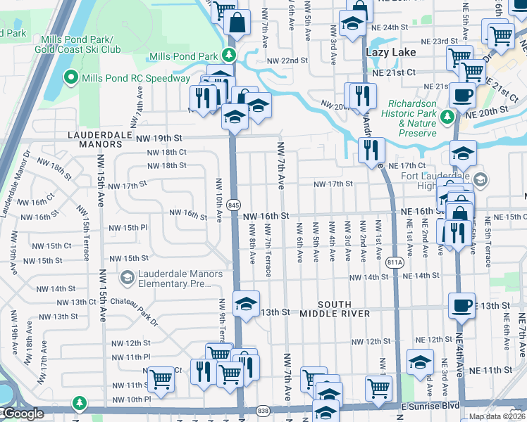 map of restaurants, bars, coffee shops, grocery stores, and more near 1621 Northwest 7th Terrace in Fort Lauderdale