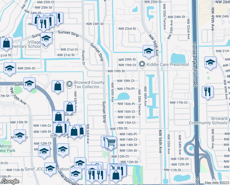 map of restaurants, bars, coffee shops, grocery stores, and more near 5971 Northwest 17th Place in Sunrise