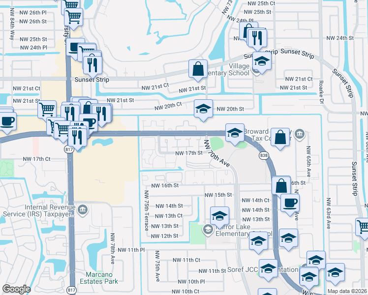 map of restaurants, bars, coffee shops, grocery stores, and more near 1713 Northwest 72nd Avenue in Plantation