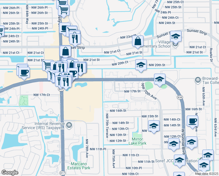 map of restaurants, bars, coffee shops, grocery stores, and more near 1801 Northwest 75th Avenue in Plantation