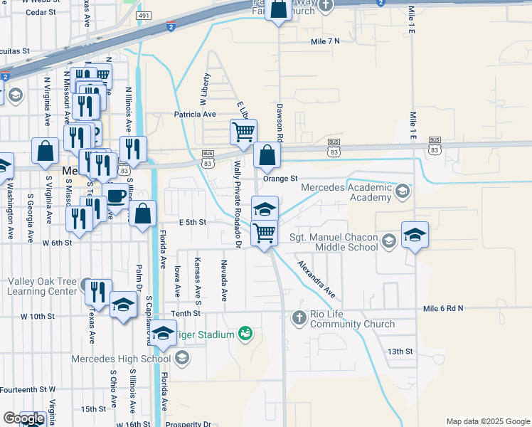map of restaurants, bars, coffee shops, grocery stores, and more near 5 Rio Rico Road in Mercedes
