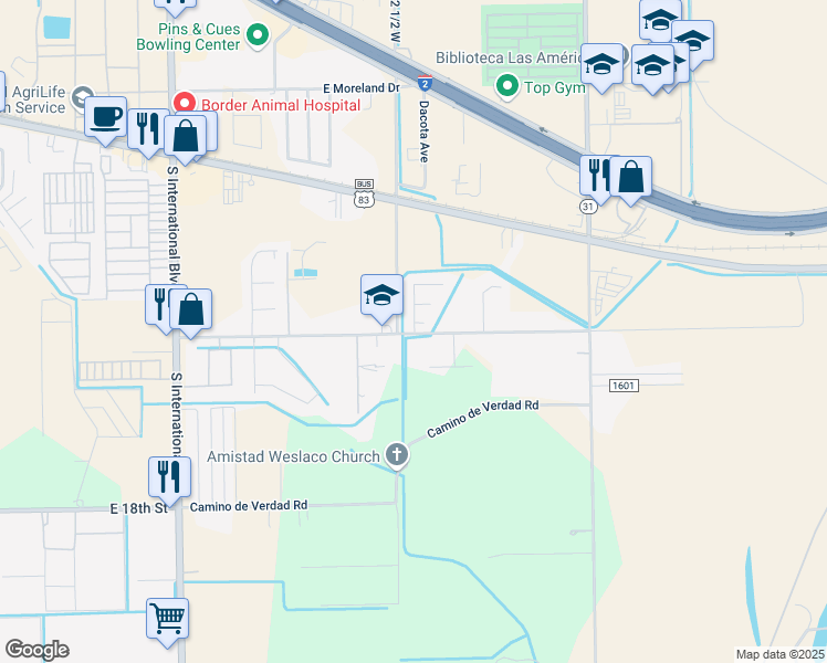 map of restaurants, bars, coffee shops, grocery stores, and more near 47 Ebony Lane in Mercedes