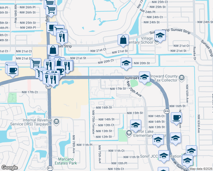map of restaurants, bars, coffee shops, grocery stores, and more near 1736 Northwest 74th Avenue in Plantation