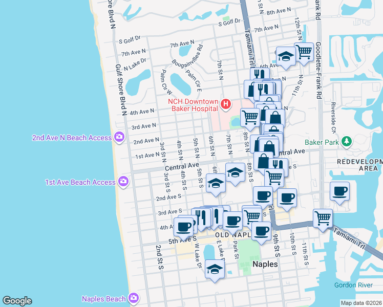 map of restaurants, bars, coffee shops, grocery stores, and more near 515 1st Avenue South in Naples