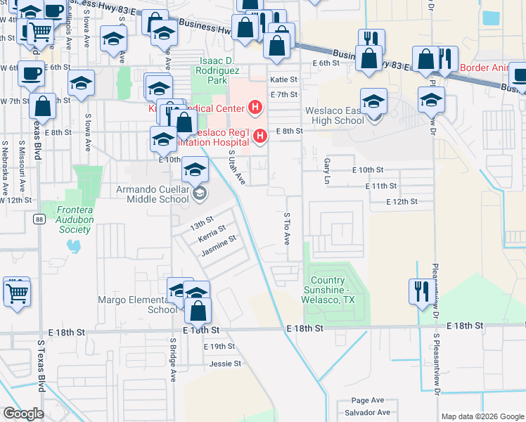 map of restaurants, bars, coffee shops, grocery stores, and more near 1316 Jasmine Street in Weslaco