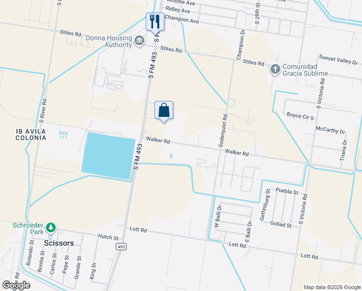 map of restaurants, bars, coffee shops, grocery stores, and more near 2216 Walker Road in Donna