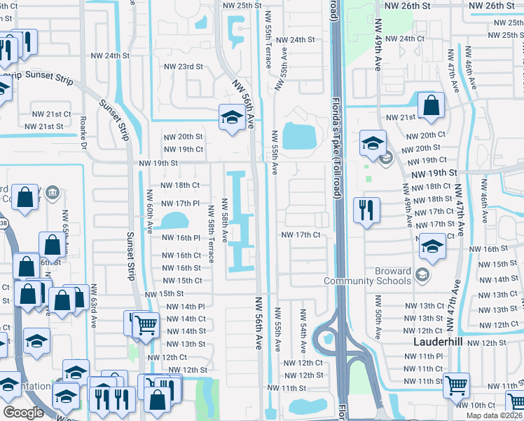 map of restaurants, bars, coffee shops, grocery stores, and more near 1814 Northwest 56th Avenue in Lauderhill
