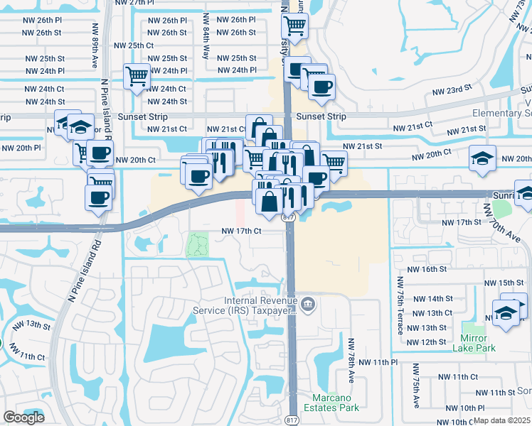 map of restaurants, bars, coffee shops, grocery stores, and more near 8190 West Sunrise Boulevard in Plantation