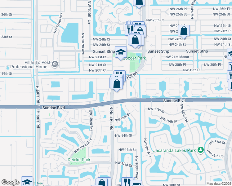map of restaurants, bars, coffee shops, grocery stores, and more near 10197 West Sunrise Boulevard in Plantation
