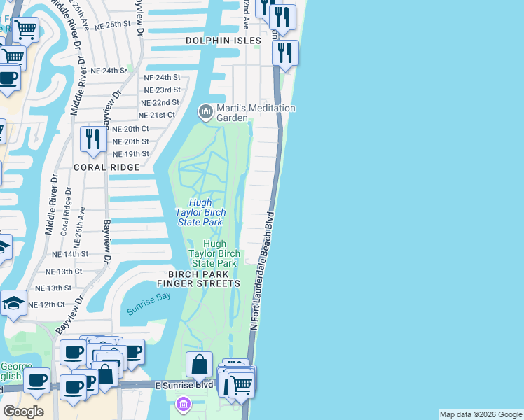 map of restaurants, bars, coffee shops, grocery stores, and more near 1541 Florida A1A in Fort Lauderdale