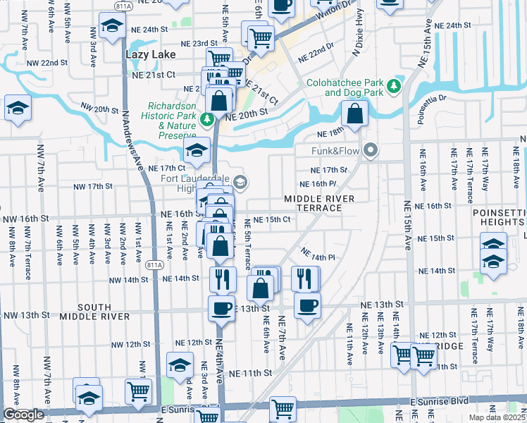 map of restaurants, bars, coffee shops, grocery stores, and more near 1617 Northeast 7th Avenue in Fort Lauderdale