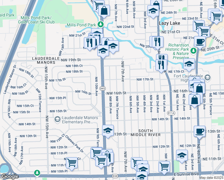 map of restaurants, bars, coffee shops, grocery stores, and more near 1621 Northwest 7th Terrace in Fort Lauderdale