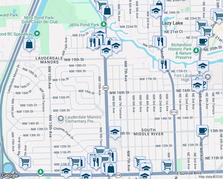 map of restaurants, bars, coffee shops, grocery stores, and more near 1620 Northwest 9th Avenue in Fort Lauderdale