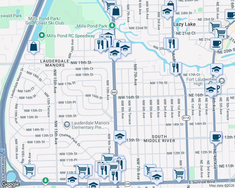map of restaurants, bars, coffee shops, grocery stores, and more near 1620 Northwest 9th Avenue in Fort Lauderdale