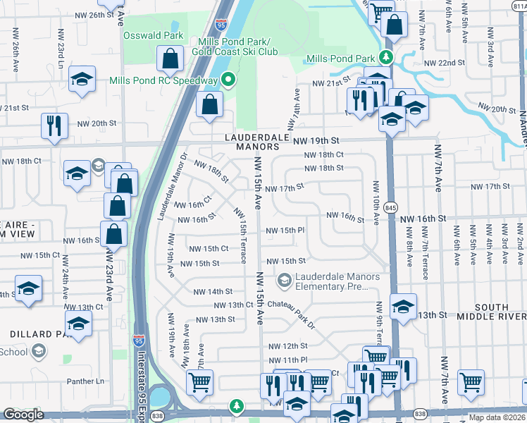 map of restaurants, bars, coffee shops, grocery stores, and more near 1605 Northwest 14th Avenue in Fort Lauderdale