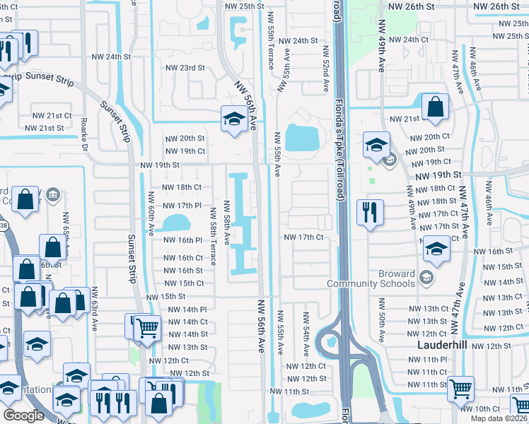 map of restaurants, bars, coffee shops, grocery stores, and more near 1814 Northwest 56th Avenue in Lauderhill