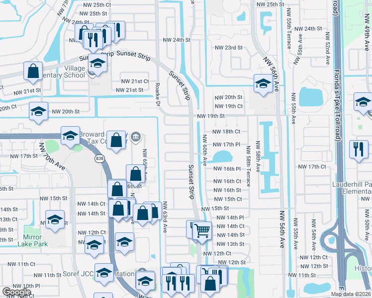 map of restaurants, bars, coffee shops, grocery stores, and more near 1770 Northwest 61st Avenue in Sunrise