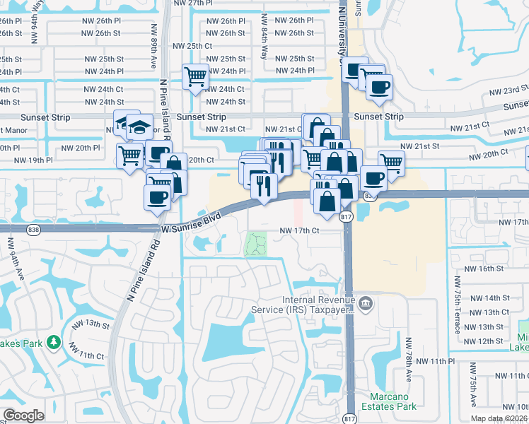 map of restaurants, bars, coffee shops, grocery stores, and more near 8320 West Sunrise Boulevard in Plantation