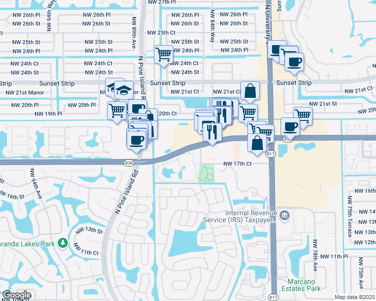 map of restaurants, bars, coffee shops, grocery stores, and more near 8501 West Sunrise Boulevard in Plantation