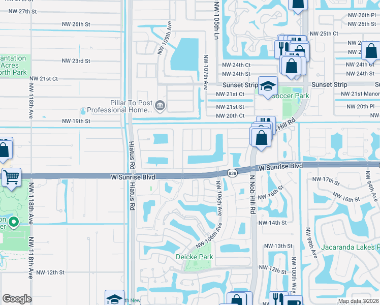 map of restaurants, bars, coffee shops, grocery stores, and more near 1850 Northwest 107th Terrace in Plantation