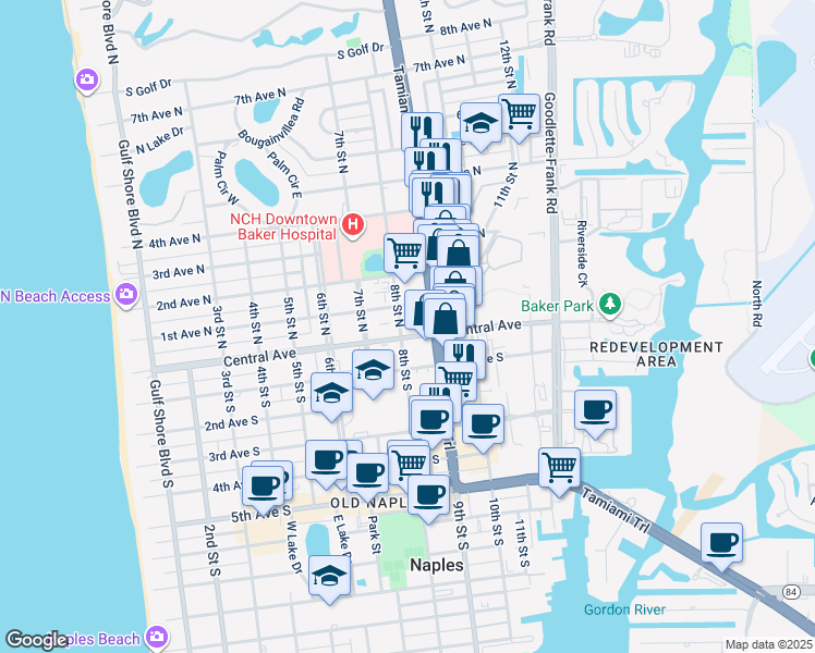 map of restaurants, bars, coffee shops, grocery stores, and more near 848 1st Avenue South in Naples