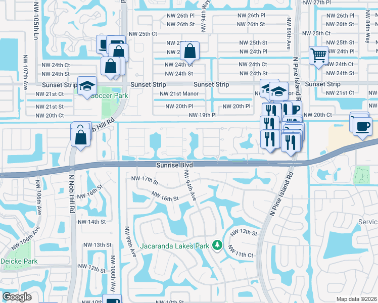 map of restaurants, bars, coffee shops, grocery stores, and more near 1836 Northwest 94th Avenue in Plantation