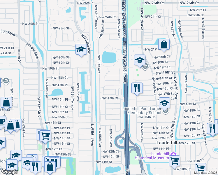map of restaurants, bars, coffee shops, grocery stores, and more near 5317 Northwest 18th Street in Lauderhill
