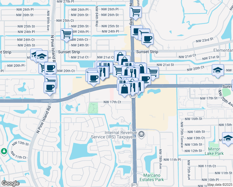 map of restaurants, bars, coffee shops, grocery stores, and more near 8190 West Sunrise Boulevard in Plantation